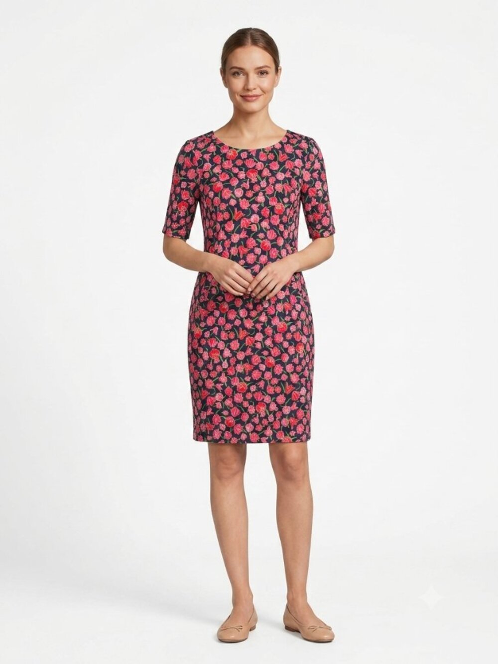 Lands' End Dress Pink Navy Blue Floral Bodycon Office Preppy Casual 10